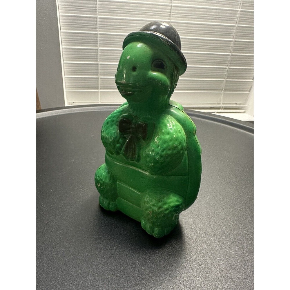 Rare Vintage Plastic Turtle Bank Made in Hong Kong 60’s EUC Black Bowler Hat/Bow